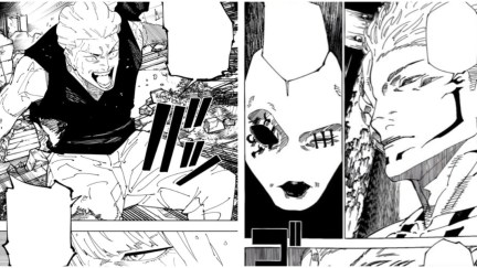 Hakari fighting against Uraume and Sukuna being sentenced by Judgeman as guilty in Jujutsu Kaisen Chapter 246.