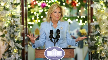 Jill Biden unveiling the White House holiday decor on November 27