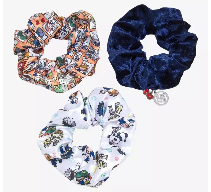 Jujutsu Kaisen x Hello Kitty and Friends Character Scrunchy Set of three scrunchies, white, pink, and blue