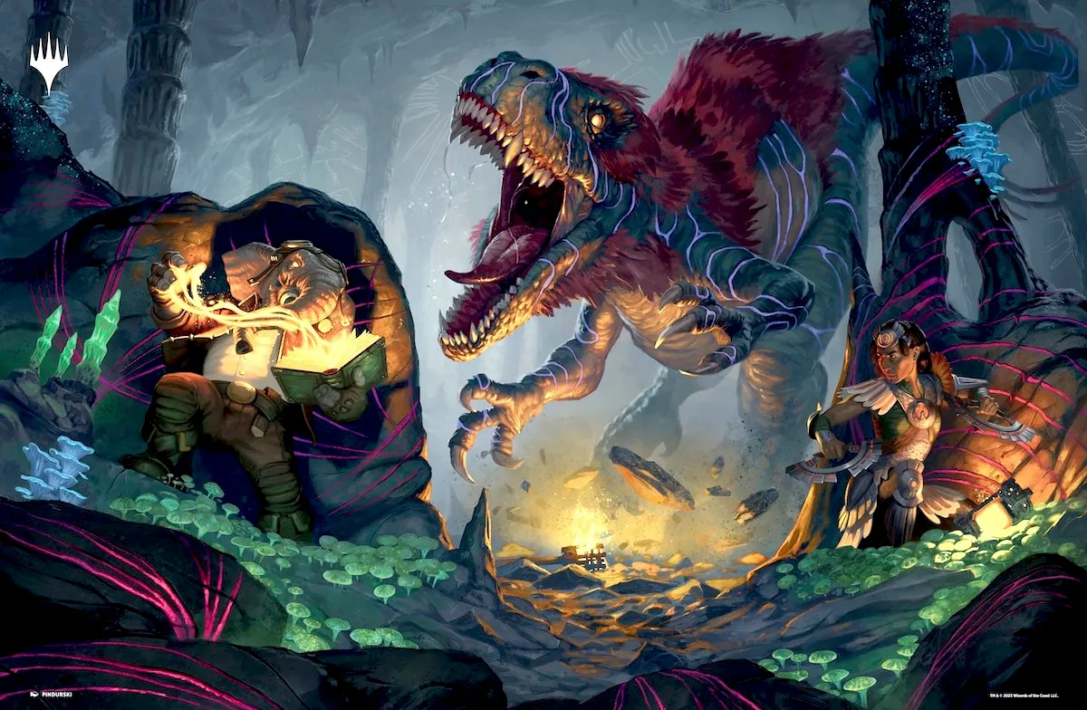 A dinosaur roaring in a cavern in Magic The Gathering art.
