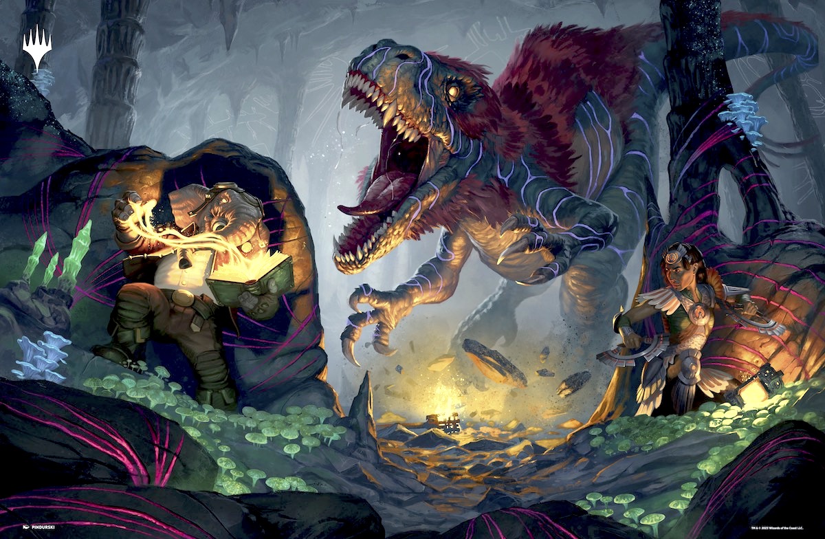 A dinosaur roaring in a cavern in Magic The Gathering art.