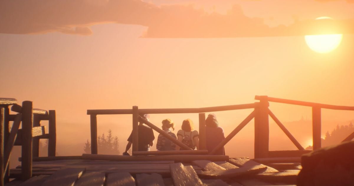 Lost Records: Bloom & Rage featuring childhood friends Swann, Nora, Autumn, and Kat sitting beside each other and watching the sunset.
