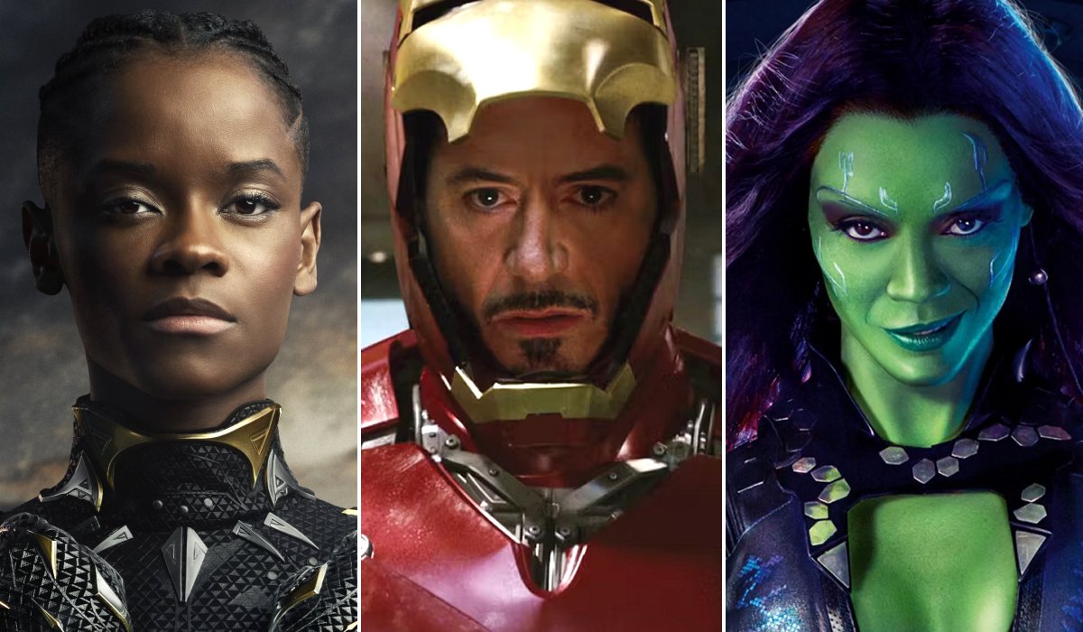 Shuri (Letitia Wright), Tony Stark (Robert Downey Jr), Gamora (Zoe Saldana)