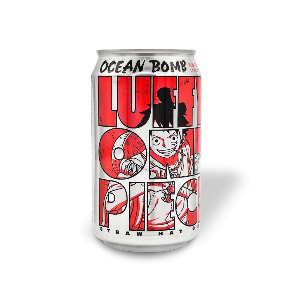 Can of sparkling water reading 'ocean bomb,' 'Luffy,' and 'One Piece'