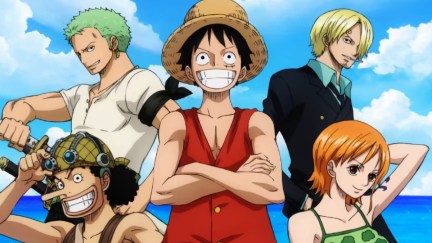 Zoro, Sanji, Nami, Ussop and Luffy in art for the One Piece anime