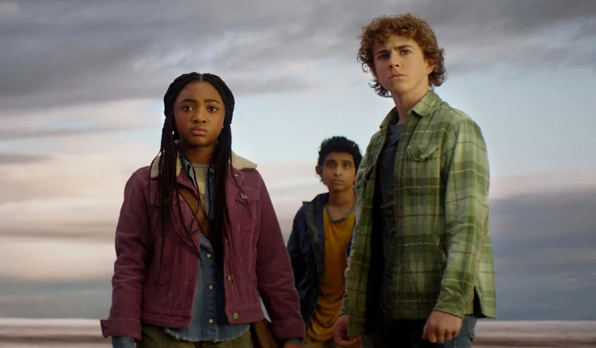 Walker Scobell as Percy Jackson, Leah Jeffries as Annabeth Chase, and Aryan Simhadri as Grover Underwood in Percy Jackson and the Olympians season 1
