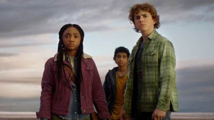 Walker Scobell as Percy Jackson, Leah Jeffries as Annabeth Chase, and Aryan Simhadri as Grover Underwood in Percy Jackson and the Olympians season 1