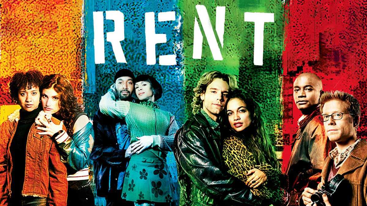 A colorful poster with the main cast of the movie 'Rent.'