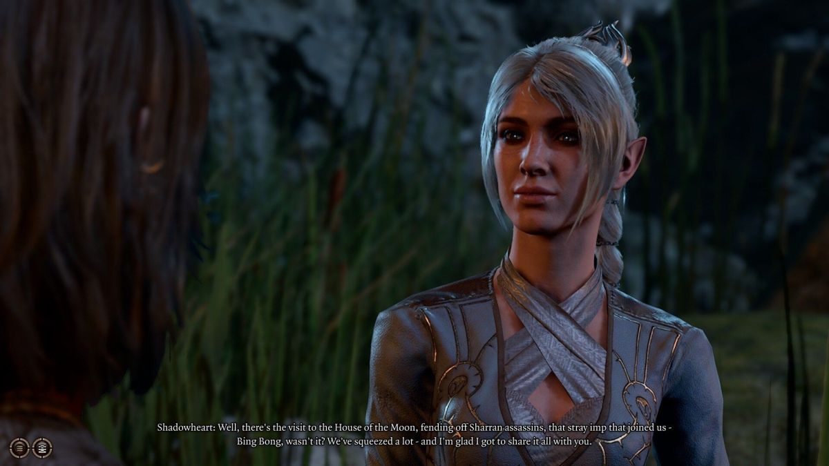 Shadowheart at the very end of BG3 saying, "Well, there's the visit to the House of the Moon, fending off Sharran assassins, that stray imp that joined us - Bing Bong, wasn't it? We've squeezed a lot - and I'm glad I got to share it all with you."