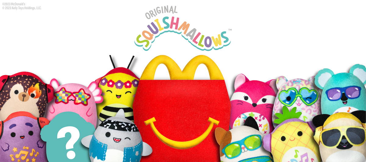 Squishmallows Happy Meal banner image with classic red and yellow Happy Meal box and 12 Squishmallow characters