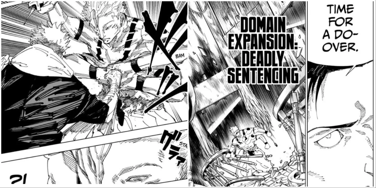 Sukuna and Yuji fighting, and Sukuna being trapped by Higuruma's Domain Expansion in chapter 244 of Jujutsu Kaisen.