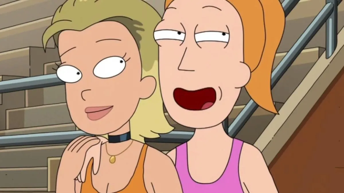 An animated young woman stands with her arm around her girlfriend in 'Rick and Morty.' 