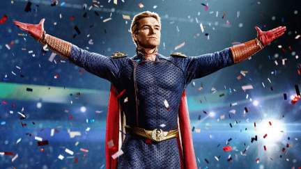 A white male superhero stands with his arms spread as confetti rains down in 'The Boys.'