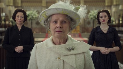 Image of Olivia Coleman, Imelda Staunton, and Claire Foy as three incarnations of Elizabeth Windsor in a scene from Netflix's 'The Crown.