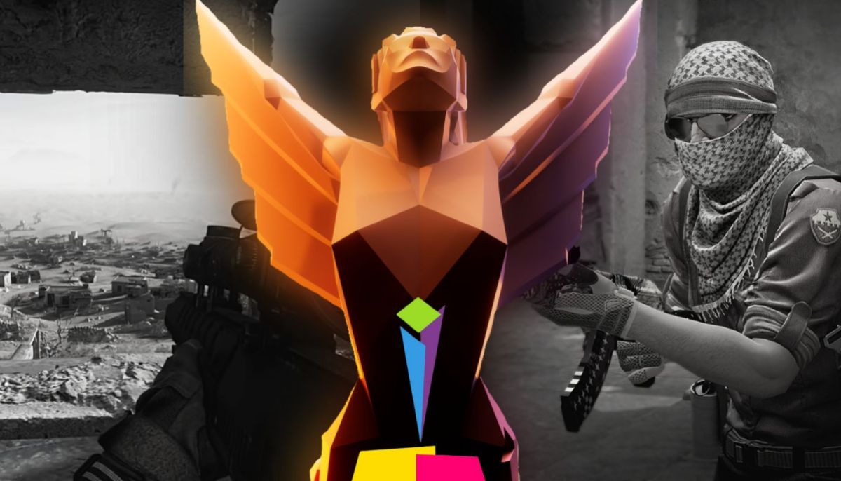 Golden Joystick Award logo and The Game Awards statue render above images from Call of Duty Modern Warfare and Counter Strike: Global Offensive.