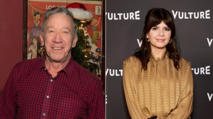 Tim Allen at the Laugh Factory Christmas show next to an image of Casey Wilson at NY Magazine's Vulture Festival