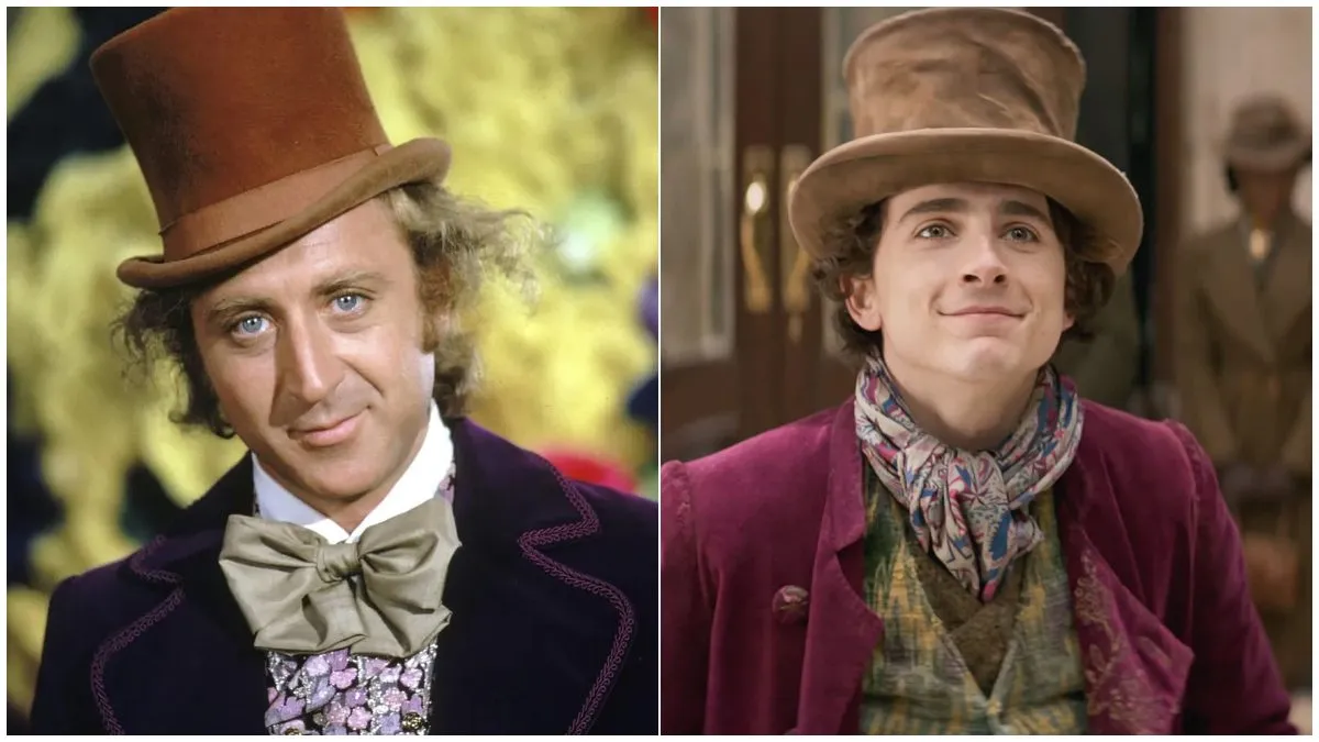 Two different versions of Willy Wonka, Gene Wilder and Timothée Chalamet.