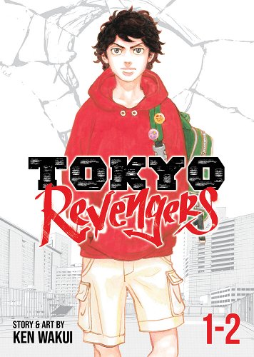 Image of the cover of the omnibus for the manga 'Tokyo Revengers,' Volumes 1 & 2 by Ken Wakui. The title is in graffiti font over the illustrated image of a teen boy with shaggy dark hair wearing a red hooded sweatshirt and beige cargo pants holding a green backpack. 
