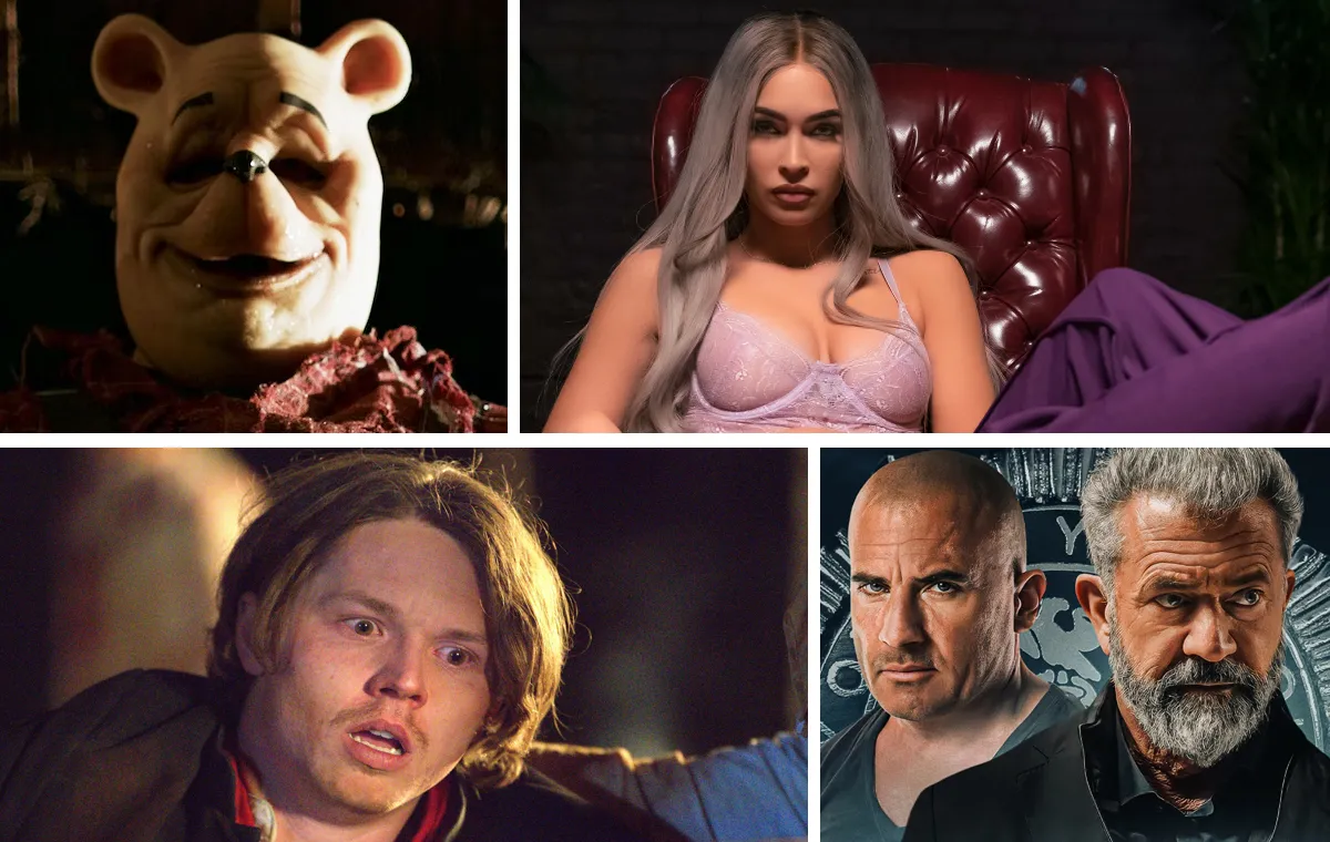 A collage featuring some of the worst movies of 2023 (clockwise from top left): 'Winnie the Pooh: Blood and Honey,' 'Johnny & Clyde,' 'Confidential informant,' 'Dead Man's Hand'