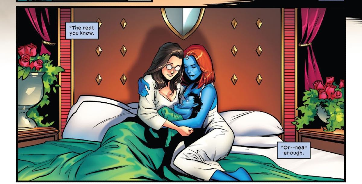 Mustique and Destiny cuddle with their baby Kurt in 'X-Men Blue Origins.'