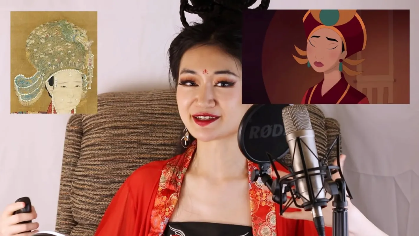 Xiran Jay Zhao in their video "EVERYTHING CULTURALLY RIGHT AND WRONG WITH MULAN II (2004)" talking about headdresses. 