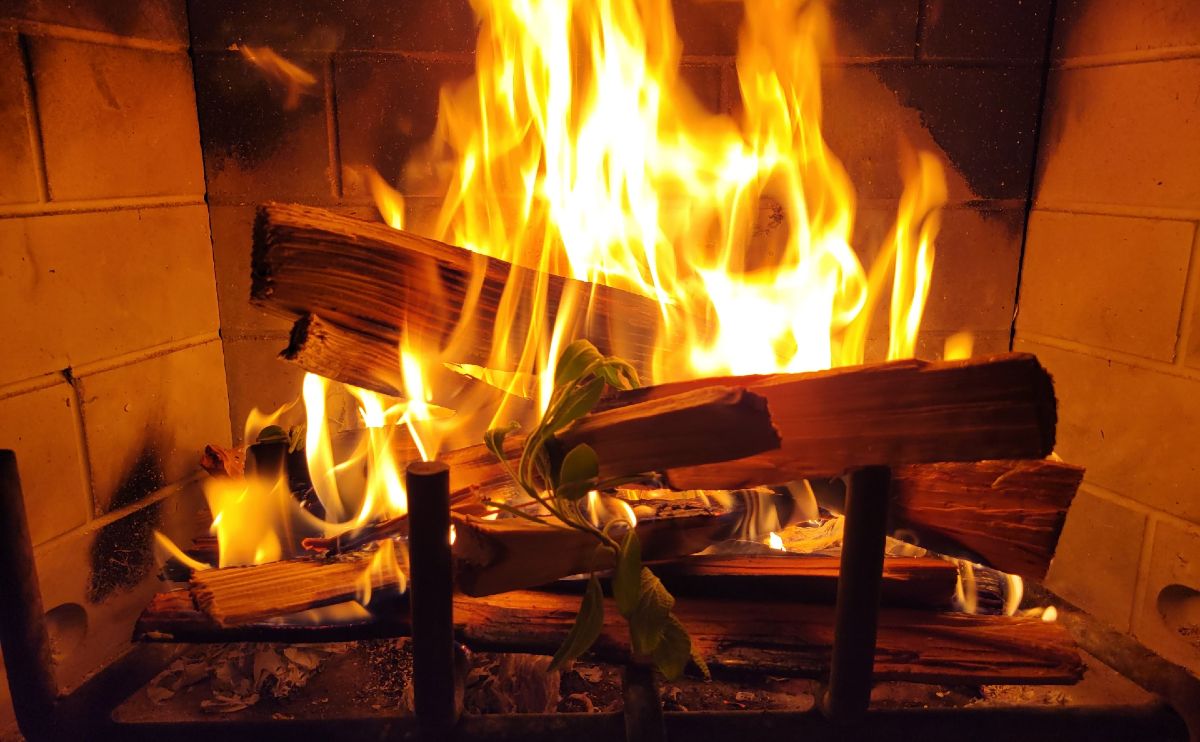 Yule log burning in a fireplace.