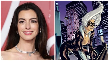 A close-up photo of Anne Hathaway next to a comics panel of Black Cat/Felicia Hardy.