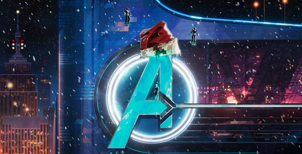 Avengers Tower with a santa hat on at Christmas