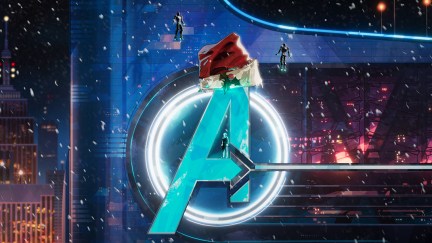 Avengers Tower with a santa hat on at Christmas