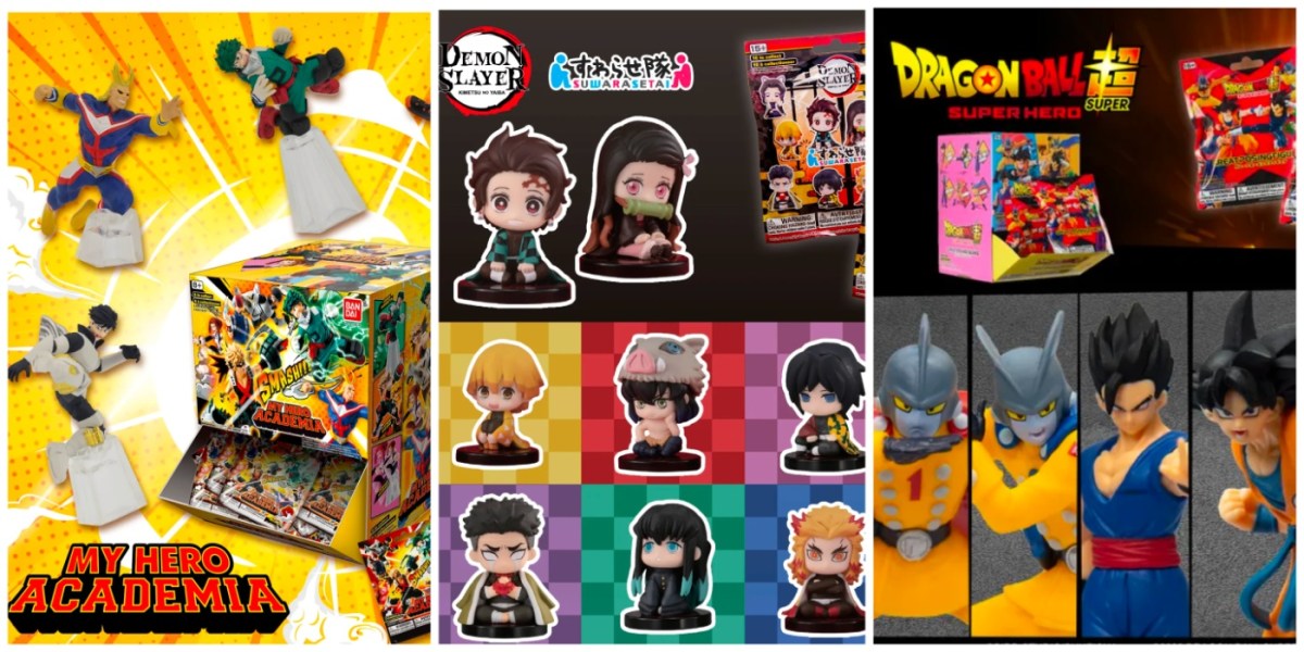 Bandai gashapon blind packs for 'My Hero Academia', 'Demon Slayer', and Dragon Ball Z'.