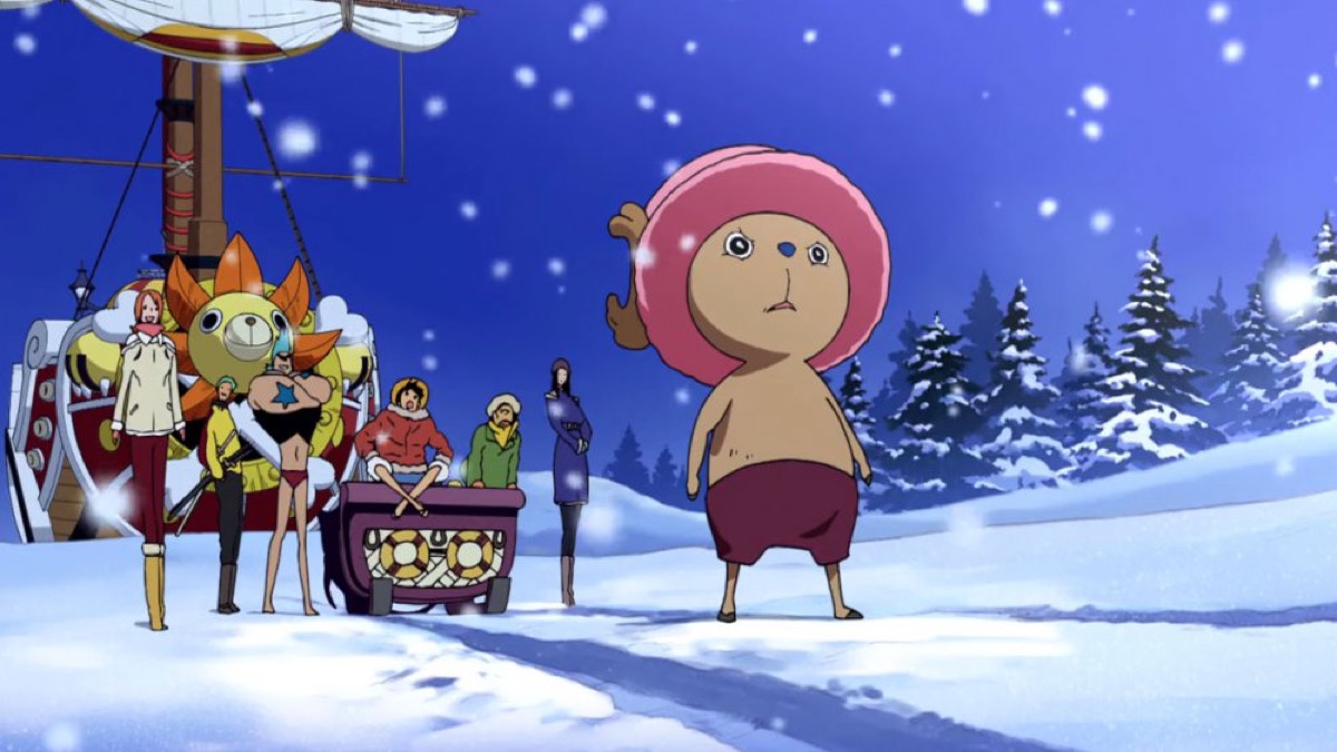 An anthropomorphic reindeer stands out in the snow with a group of pirates in tow in "Bloom in Winter, Miracle Sakura" 