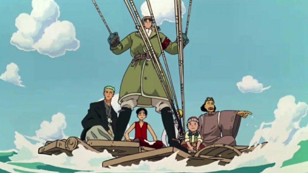 A group of pirates sail on a makeshift raft in "Clockwork Island Adventure"