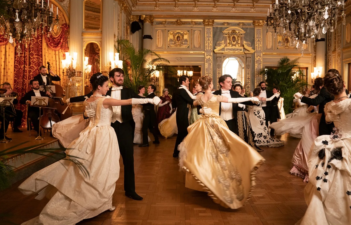 dancers in a ball scene in The Gilded Age, shot at The Breakers in Newport, RI
