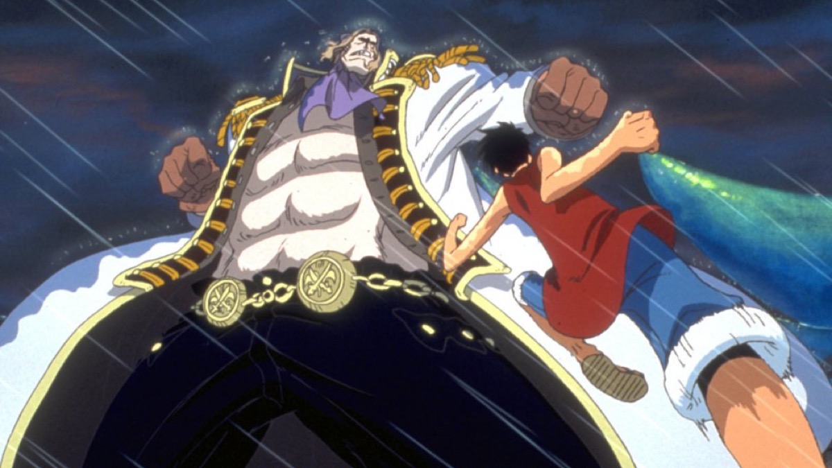 Monkey D. Luffy is about to punch a tall and muscular foe in "Dead End Adventure" 