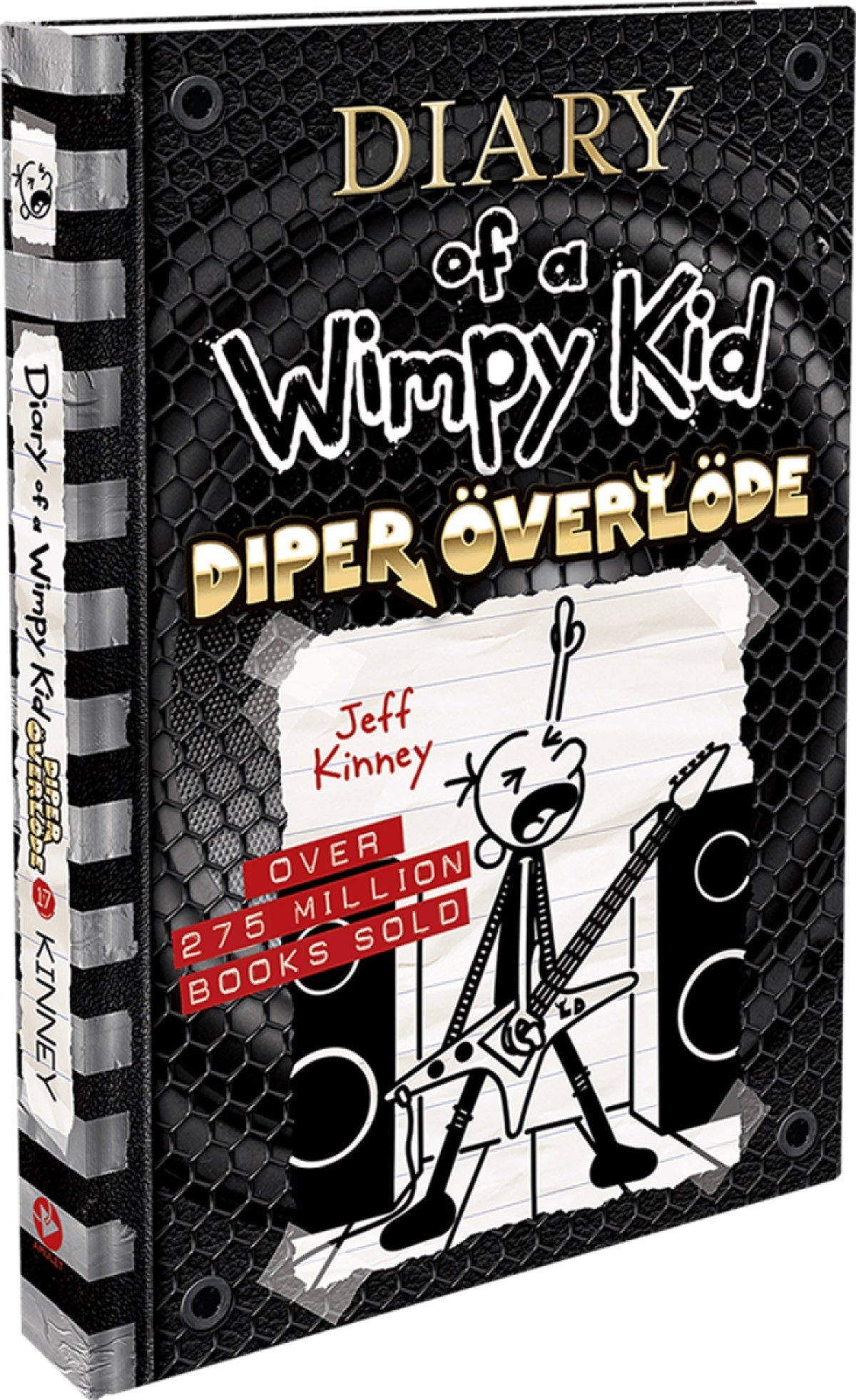 black book cover with cartoon kid playing guitar. Diary of a Wimpy Kid Diper Overlode