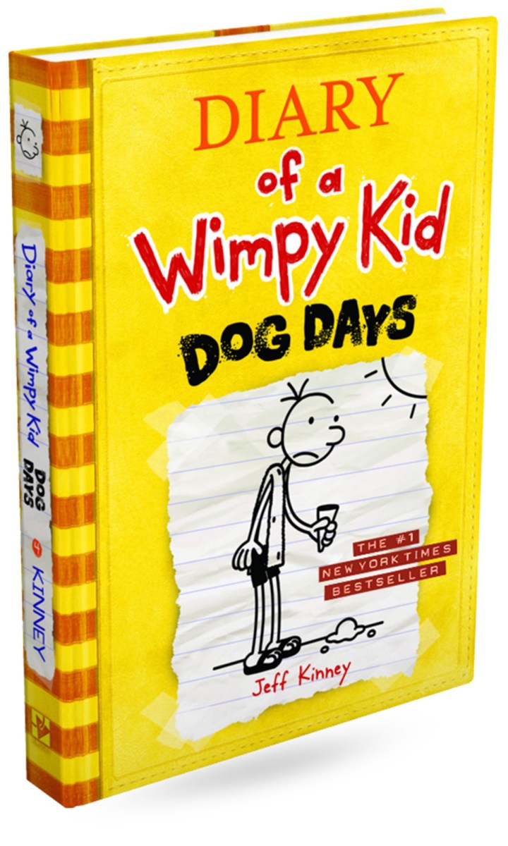 yellow book with sad cartoon character on front. Diary of a Wimpy Kid Dog Days