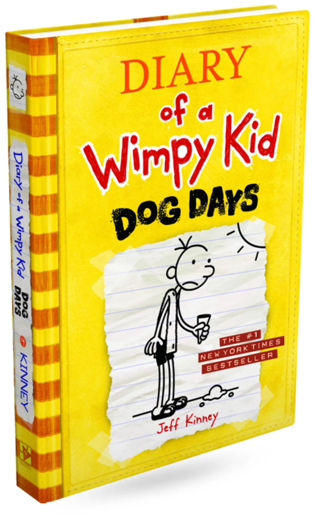 yellow book with sad cartoon character on front. Diary of a Wimpy Kid Dog Days