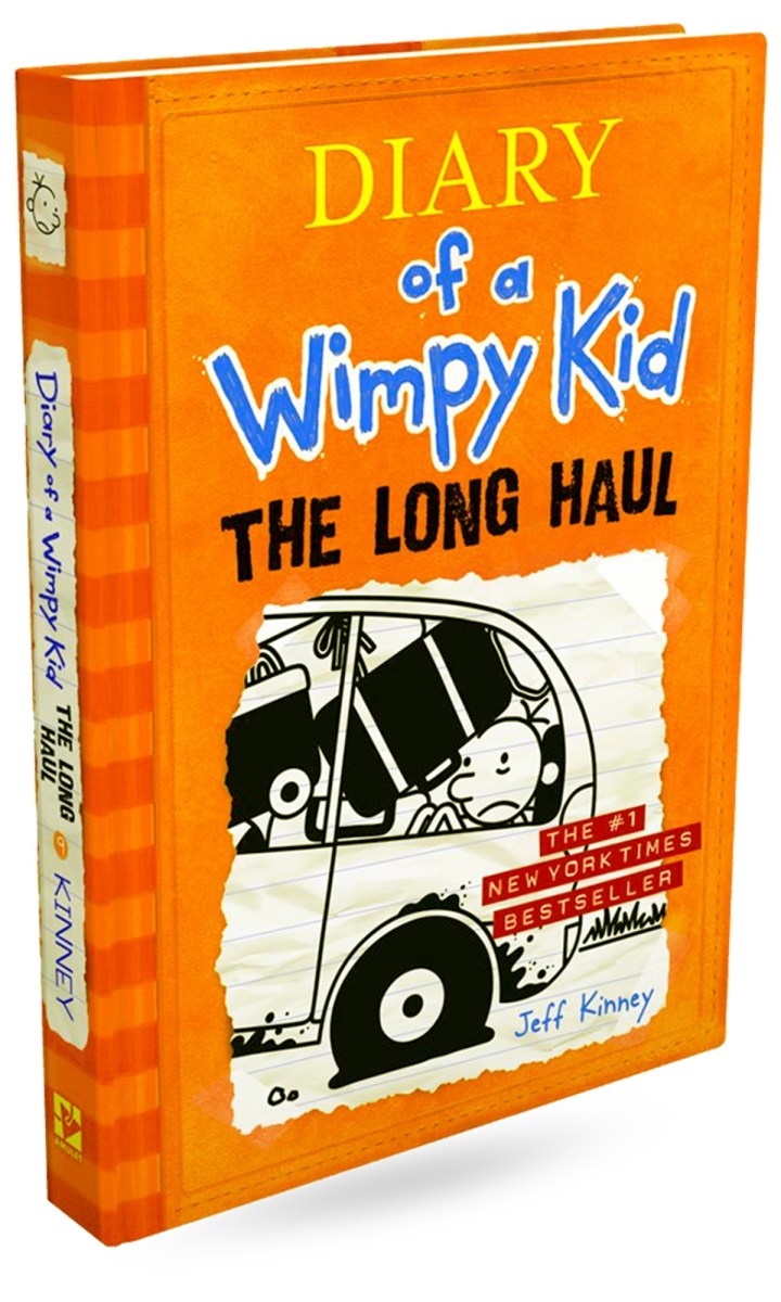 orange book with cartoon kid in car. Diary of a Wimpy Kid The Long Haul
