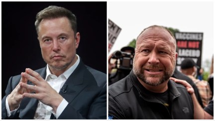 Side by side close-up photos of Elon Musk and Alex Jones.
