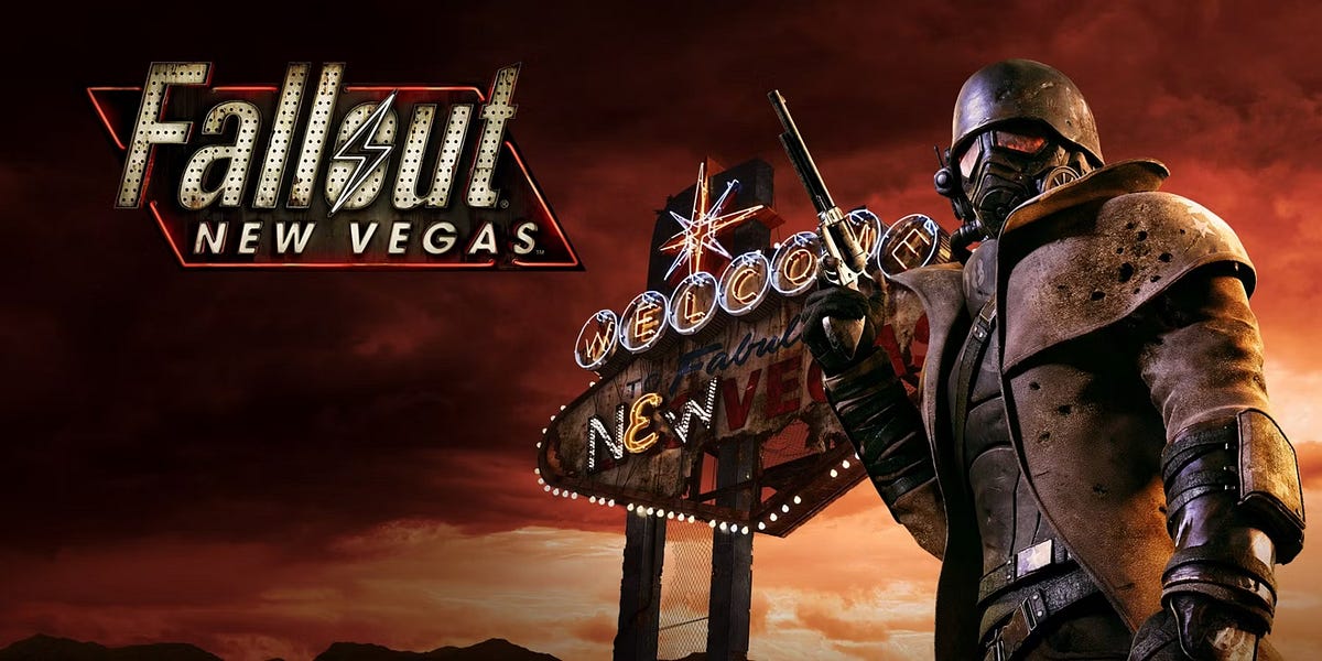 A man in a suit of robotic armor stands in front of the Las Vegas sign in "Fallout 3: New Vegas"