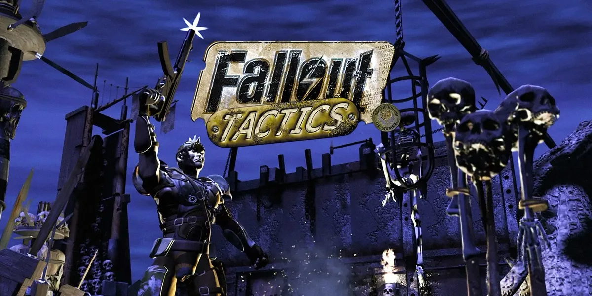 Soldiers shoot guns into the air on a loading screen of "Fallout Tactics"