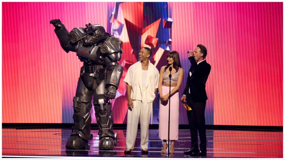 LOS ANGELES, CALIFORNIA - DECEMBER 07: Actors Aaron Moten, Ella Purnell, and Walton Goggins speak onstage during "Fallout" Cast and Creator at The Game Awards at Peacock Theater on December 07, 2023 in Los Angeles, California.