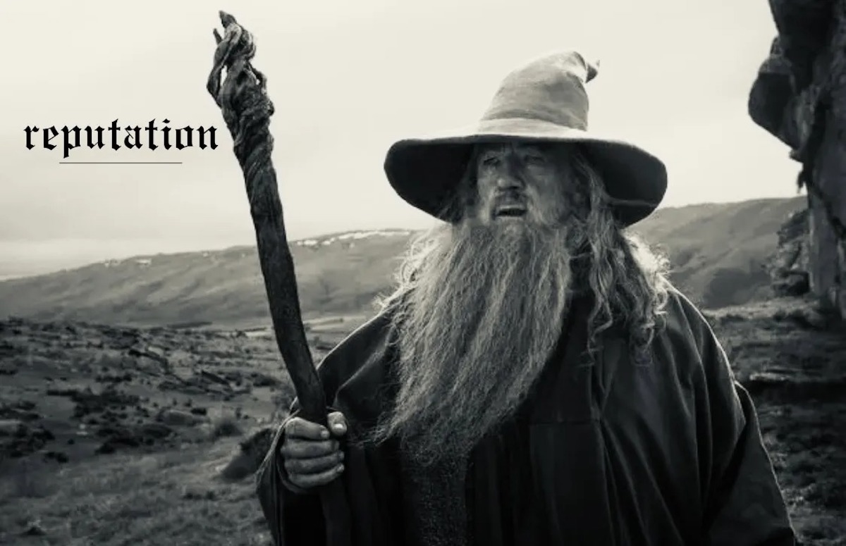 Gandalf the Grey in greyscale with Taylor Swift's reputation logo