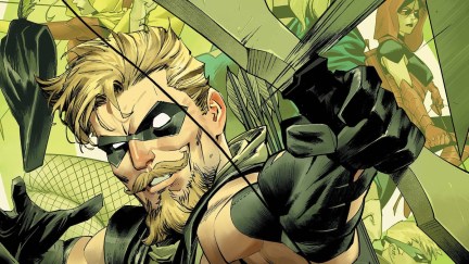 Oliver Queen in the Green Arrow comics with his bow and arrow