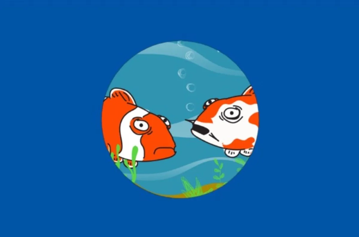Two cartoon fish, in a small circle against a blue background, awkwardly face each other and look at the viewer.