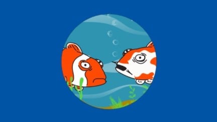 Two cartoon fish, in a small circle against a blue background, awkwardly face each other and look at the viewer.