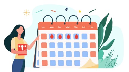 An illustration of a woman pointing at a large fertility calendar.