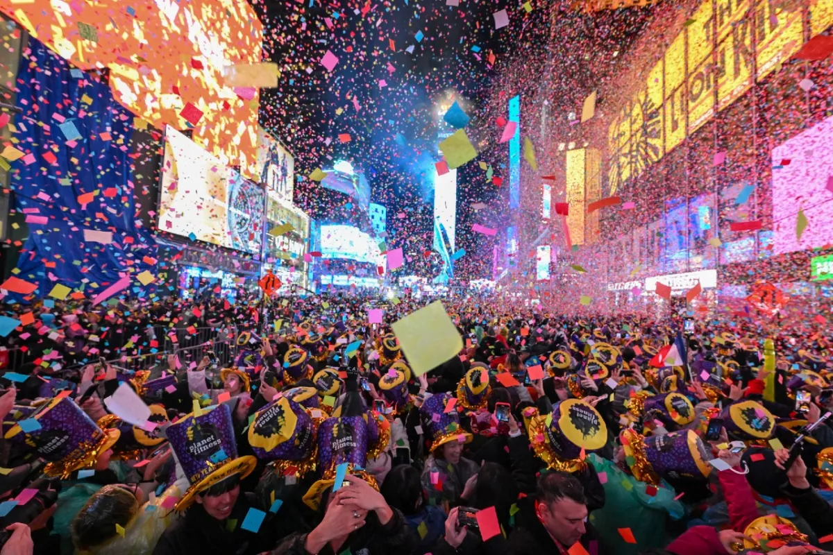 A massive crowd gathers in Times Square on New Year's Eve.