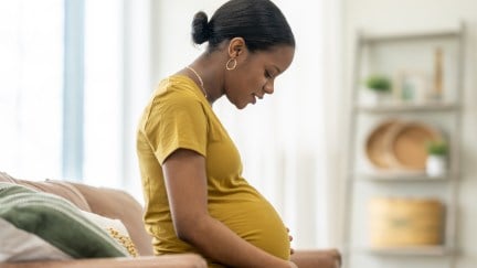 A young pregnant woman of African decent sits on a sofa in the comfort of her own home as she cradles her belly with her hands. She is dressed casually as she looks down at her belly with anticipation.
