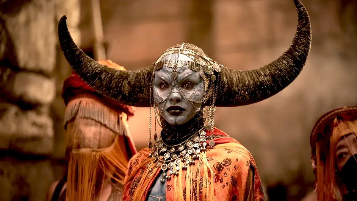 A woman with large horns in Netflix and Zack Snyder's Rebel Moon.